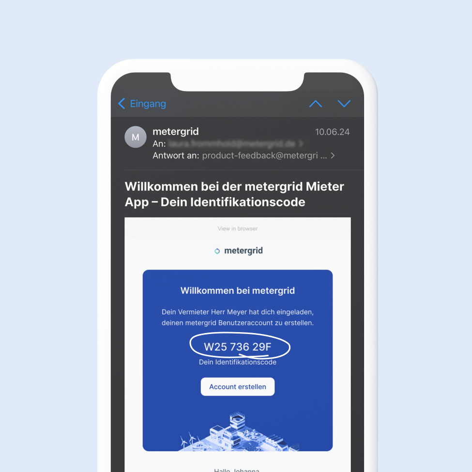 Screenshot einer E-Mail auf einem Smartphone mit Begrüßung zur metergrid Mieter App und einem hervorgehobenen Identifikationscode.