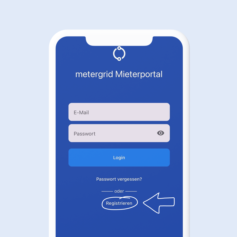 Login-Bildschirm der metergrid Mieterportal-App mit Feldern für E-Mail und Passwort, einem Login-Button und hervorgehobenem Registrieren-Link.