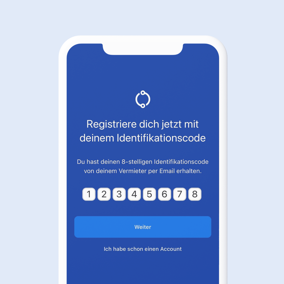 Smartphone-Bildschirm zeigt Registrierungsseite zur Eingabe eines 8-stelligen Identifikationscodes von Vermieter per E-Mail.
