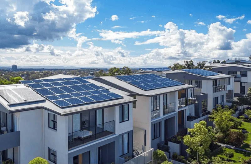 Vogelperspektive auf Dächer mit PV-Anlagen von Mehrfamilienhäusern | Mieterstrom mit metergrid