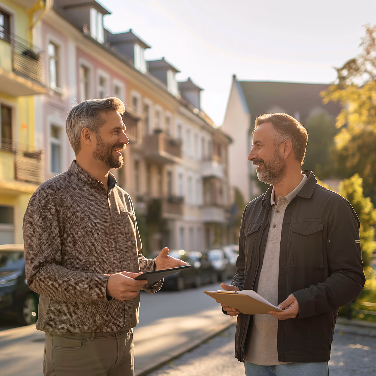 Beratungsgespräch Mieterstrom für deine Region: Vermieter und Berater im Gespräch draußen. Mieterstrom mit metergrid - stark für deine Region