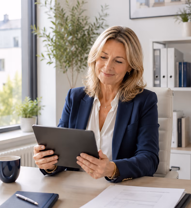 Dame in Businesskleidung mit Tablet und metergrid Software mit Kundenservice. KI-generiertes Bild