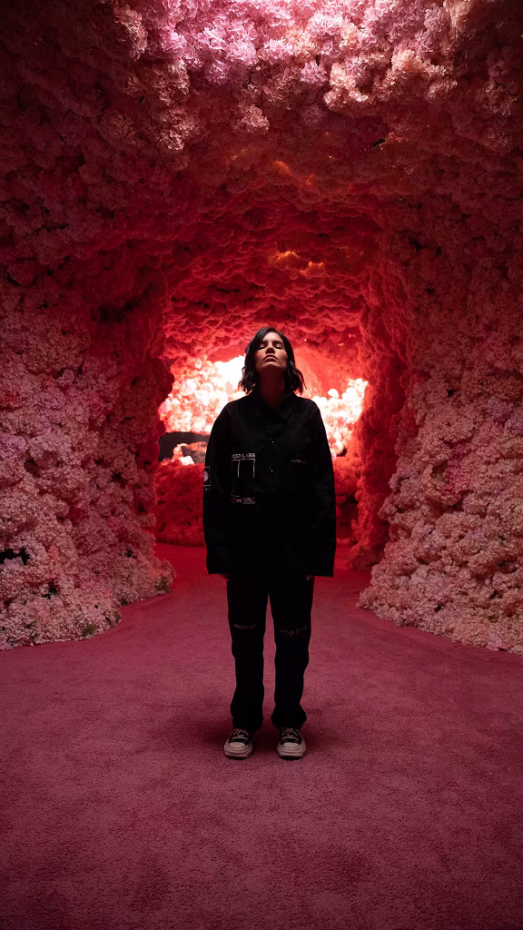 Person standing on pink carpet in a tunnel covered with dense pink and red flowers illuminated by warm light.