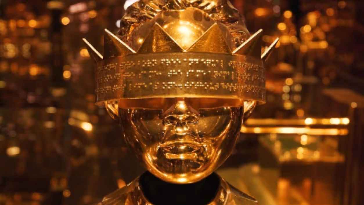 Close-up of a reflective gold sculpture of a child's head wearing a spiked crown engraved with Braille, set against a glowing amber background, from Music Box at Mercer Labs, a museum in NYC.