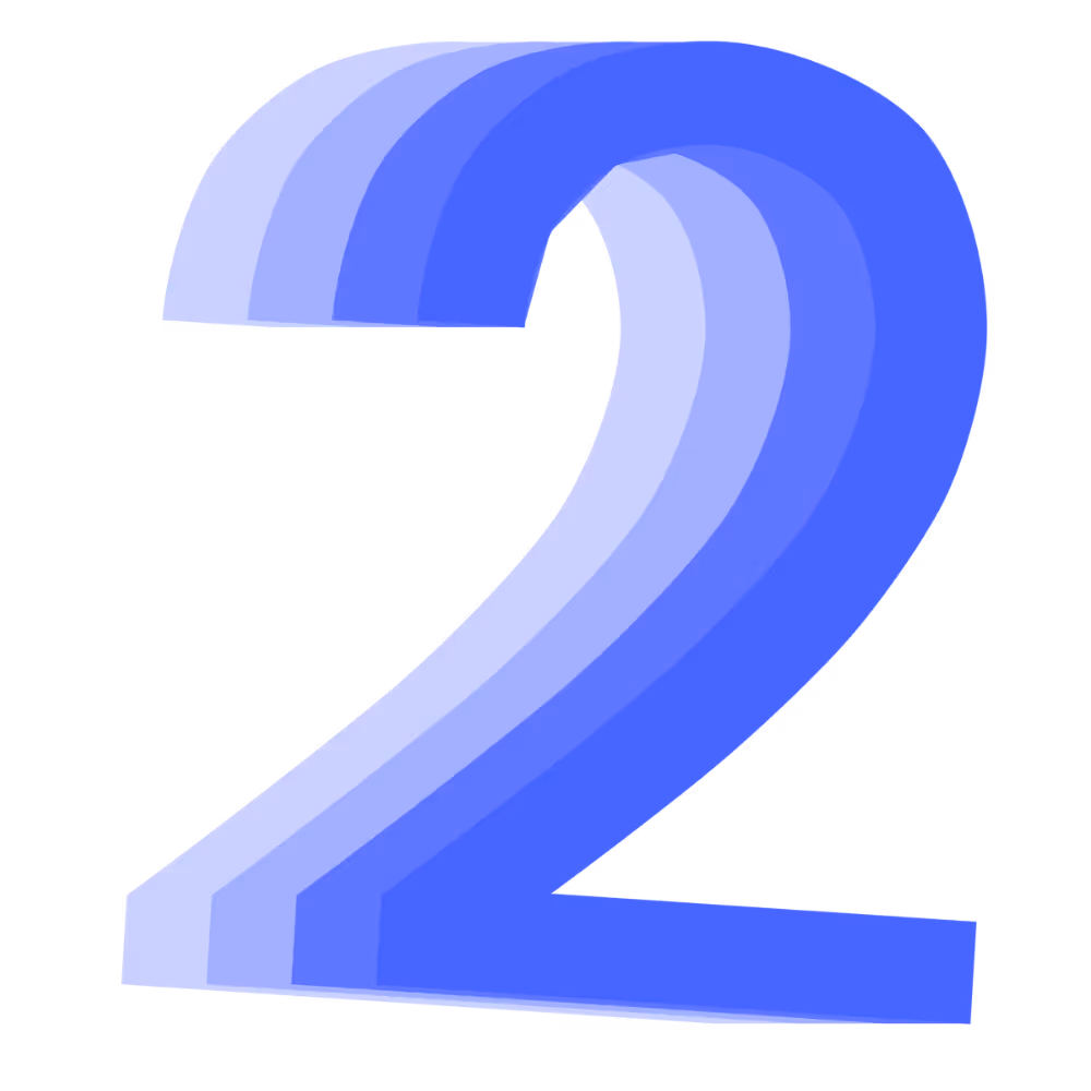 Blue stylized number two with multiple overlapping shadows in lighter blue shades.