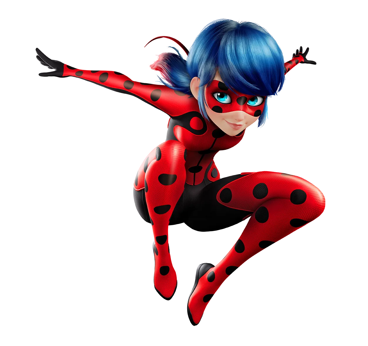 Animated female superhero with blue hair in a red and black polka dot suit crouching dynamically.
