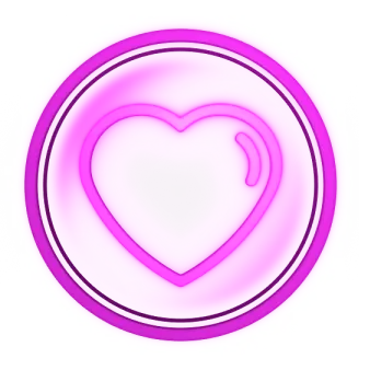 Glowing purple circular icon with a heart shape in the center.