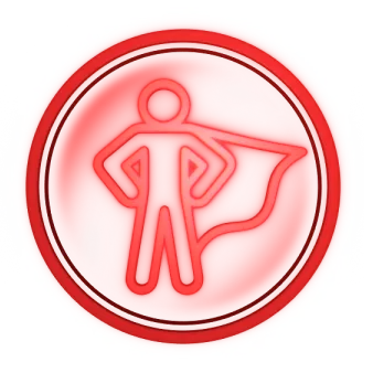 Red circular icon with an outline of a person standing confidently with hands on hips and a cape flowing behind.