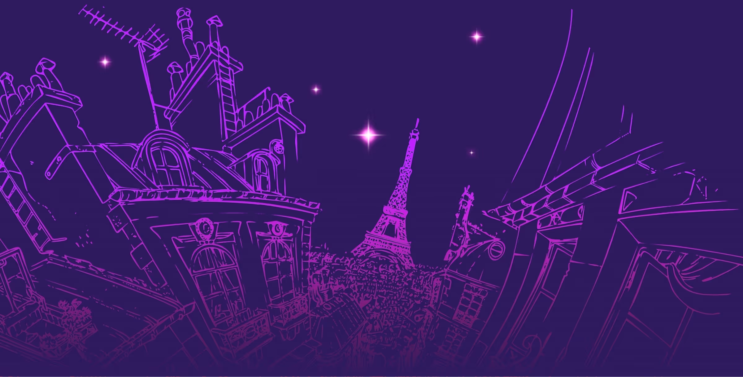 Purple line art of Paris rooftops with the Eiffel Tower under a starry night sky.