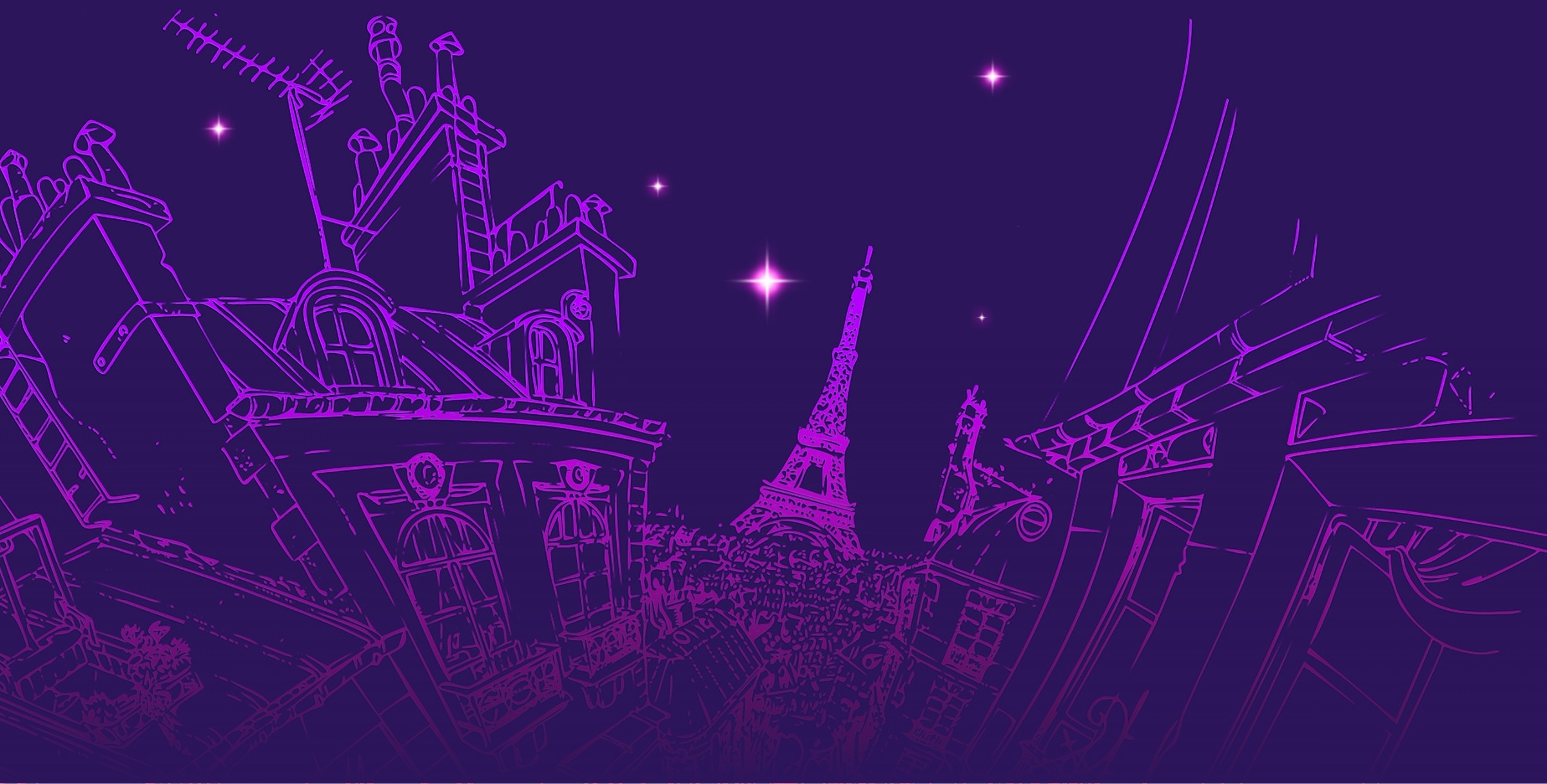Purple line art of Paris rooftops with the Eiffel Tower under a starry night sky.
