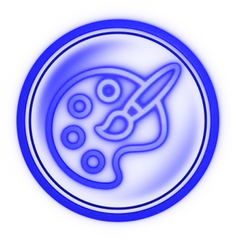 Blue neon icon of an artist's palette with paintbrush.