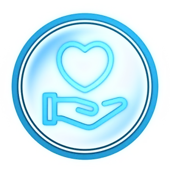Blue circular icon with an outlined hand holding a heart above it.