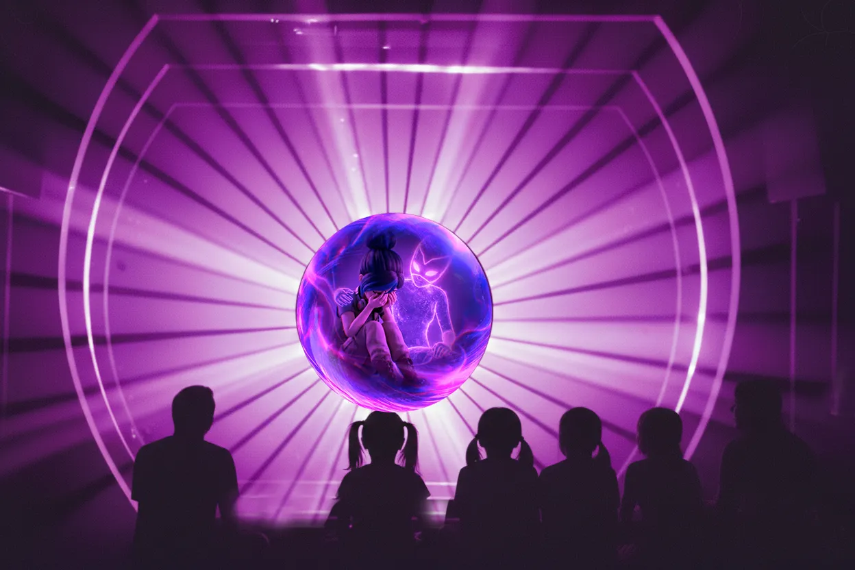 Silhouettes of six children watching a glowing purple orb showing a girl with her face in her hands and a comforting cat-like figure inside it.