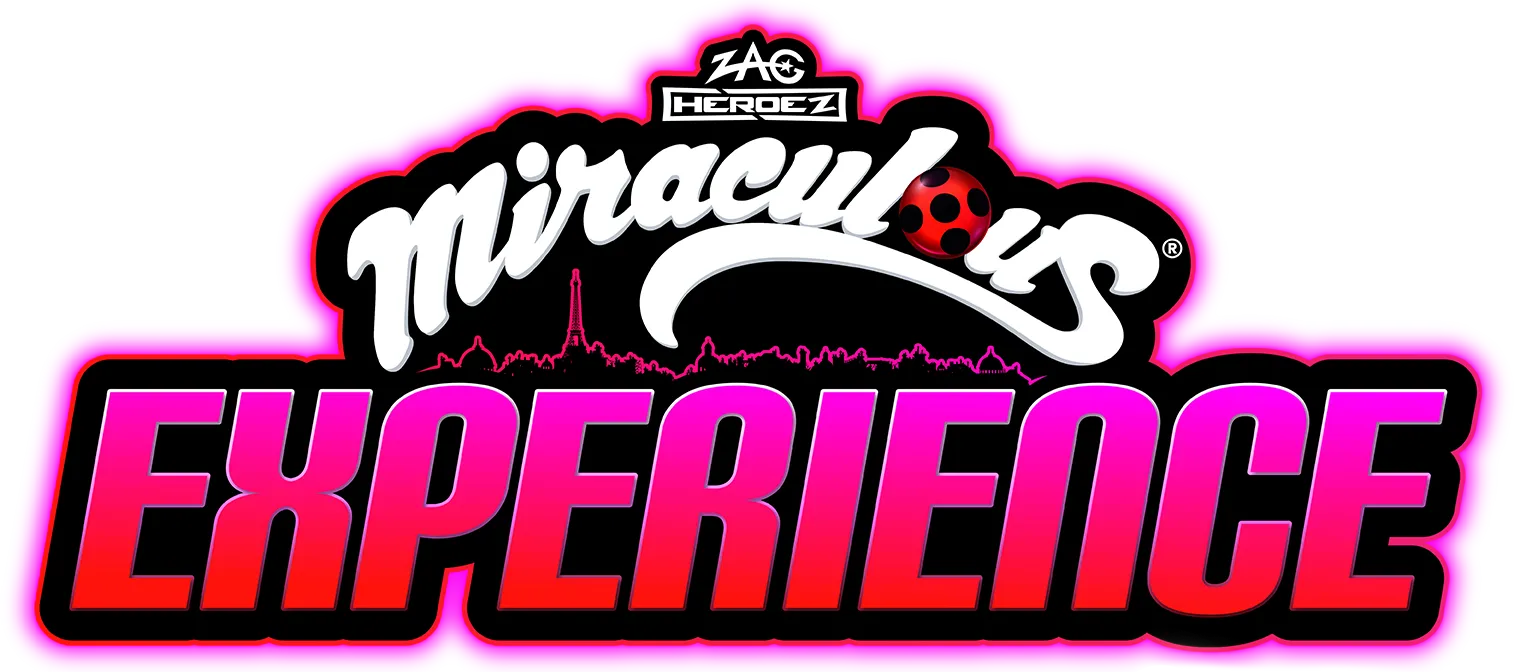 Logo for Miraculous Experience with a ladybug icon and Paris skyline silhouette.