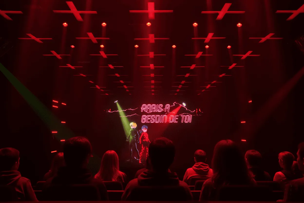 Audience watching a show with animated characters Chat Noir and Ladybug against green and red spotlights and the text 'Paris a besoin de toi'.