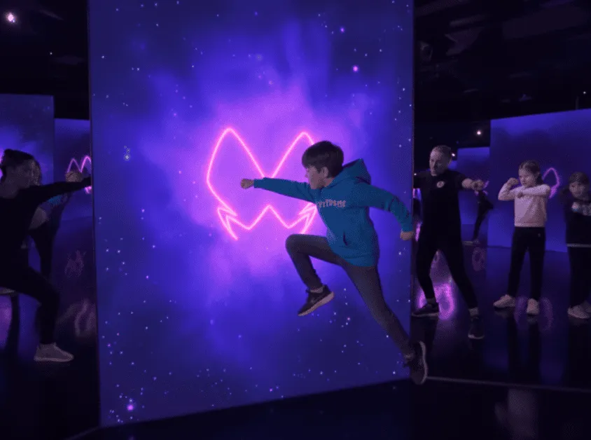 Children watching a holographic projection featuring a red animated character and the word 'SUPER-HÉROS' in a cozy room.