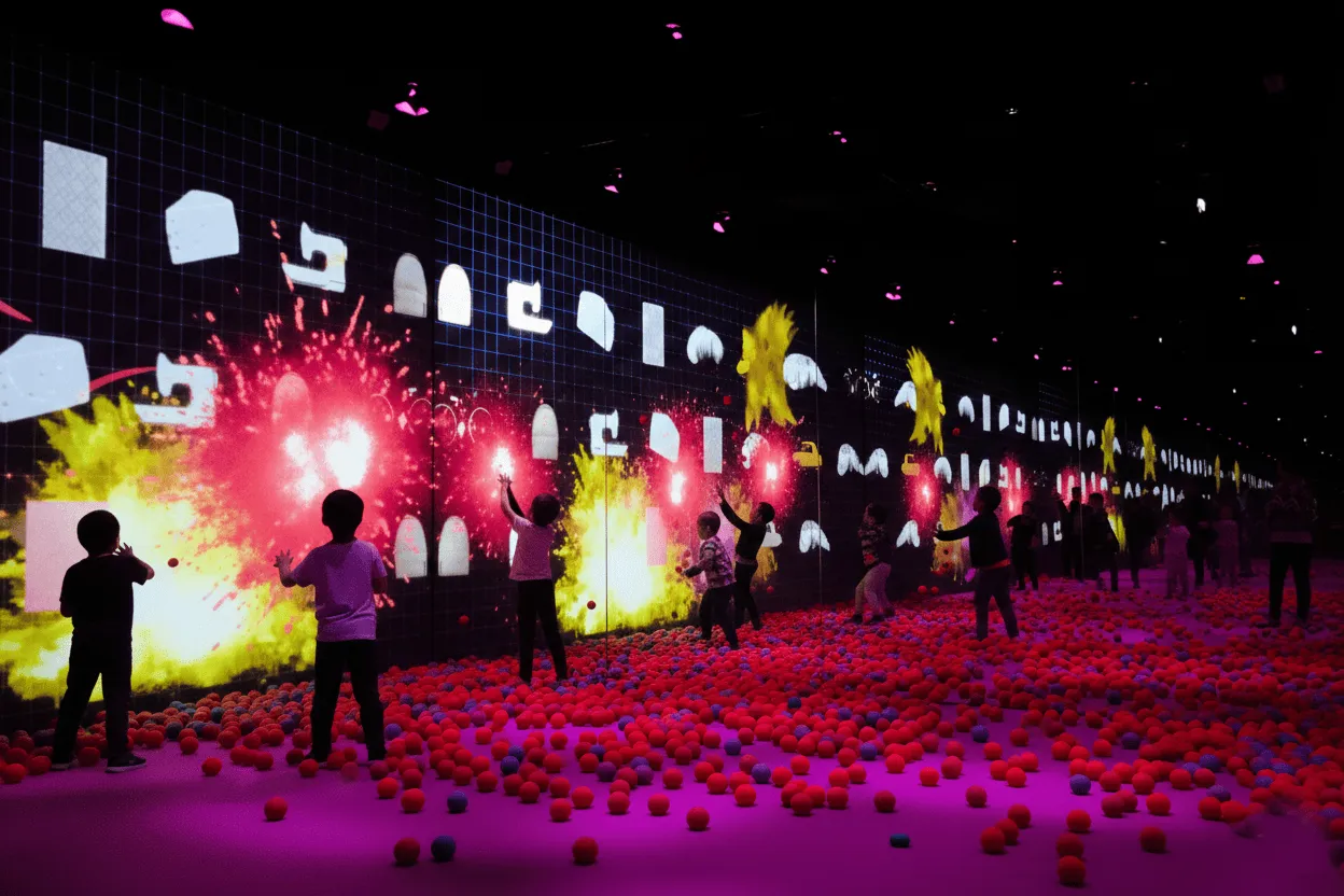 Audience watching a show featuring animated characters Ladybug and Cat Noir with green and red stage lights and the text 'Paris a besoin de toi'.
