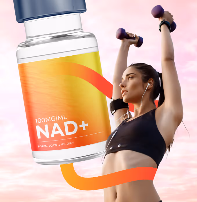 Athletic woman lifting purple dumbbells with earbuds, next to a large bottle labeled NAD+ 100MG/ML against a pink sky background.