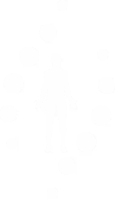 White silhouette of a human figure surrounded by various sized white circles on a black background.