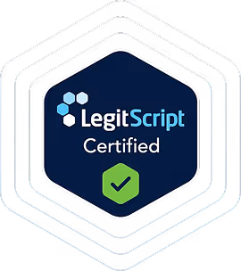 LegitScript Certified badge with a checkmark inside a hexagonal shape.
