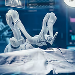 Robotic surgical arms performing a medical procedure in an operating room.