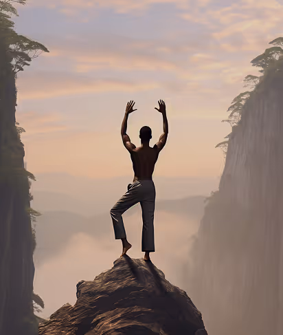Person standing barefoot on a rock with arms raised, surrounded by tall cliffs and mist under a cloudy sky at sunrise or sunset.