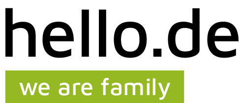hello.de logo with the tagline 'we are family' inside a green rectangular background.