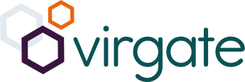 Virgate company logo with three interlocking hexagons in gray, orange, and purple next to the word 'virgate'.
