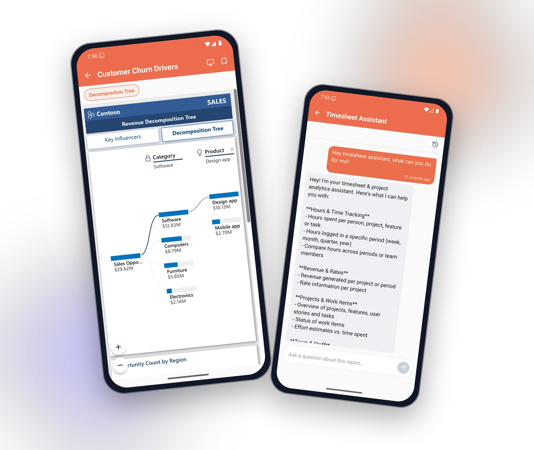 DataTako mobile app on two phones showing a live Power BI report and the AI assistant chat