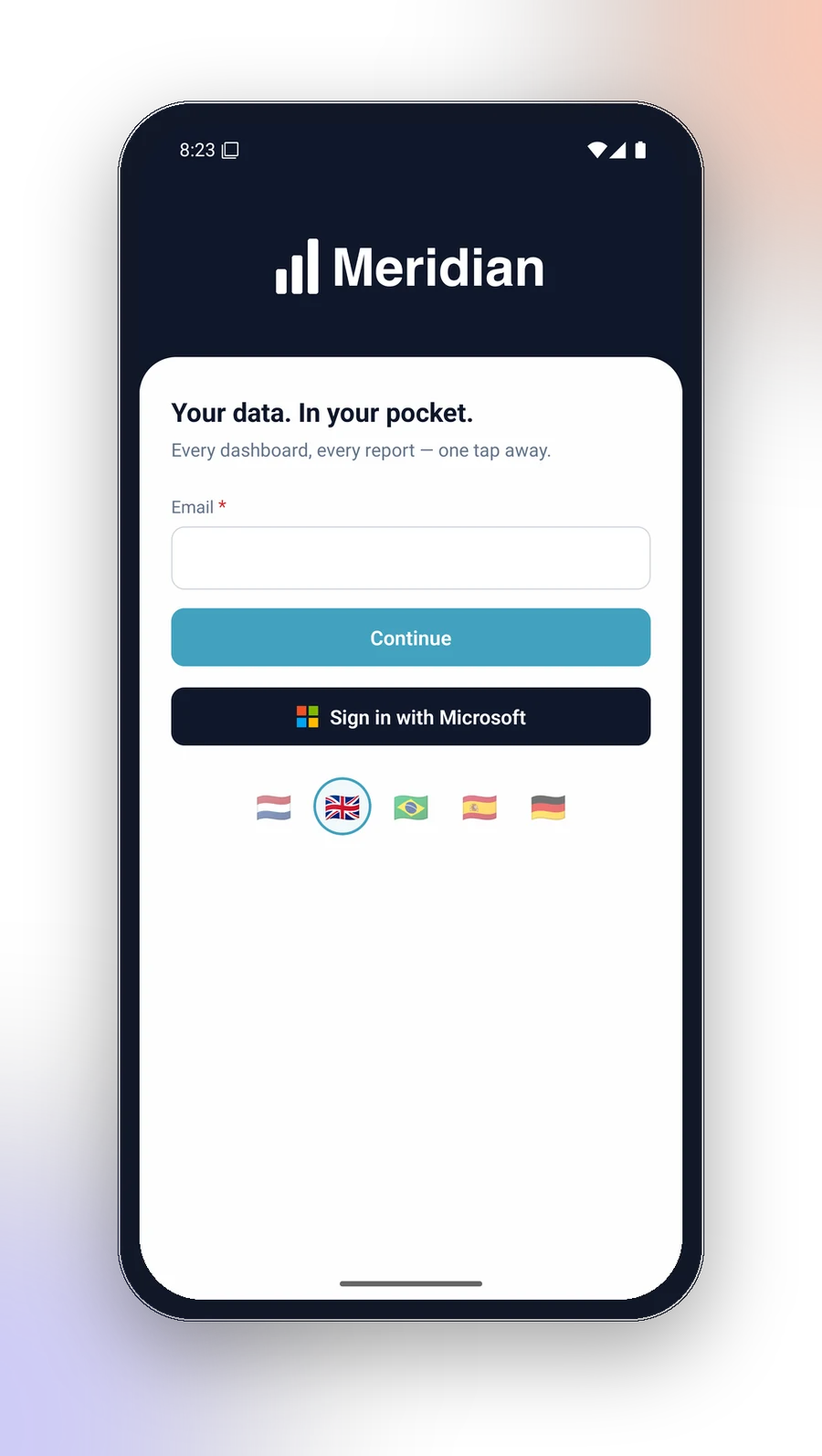 Whitelabeled login screen with magic link and Microsoft sign-in in the DataTako mobile app