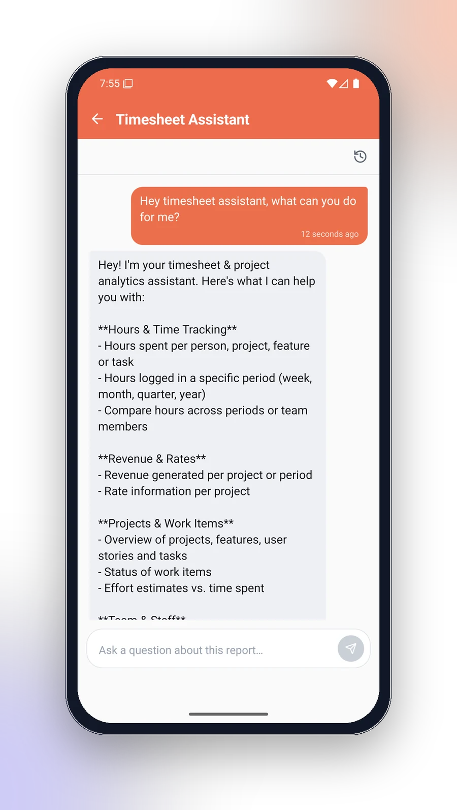 AI assistant chat answering questions about a report in the DataTako mobile app