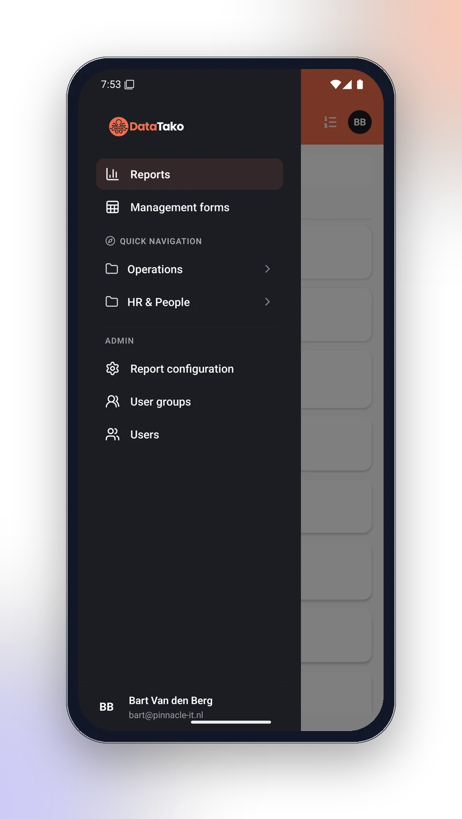 Admin navigation with report configuration and user management in the DataTako mobile app