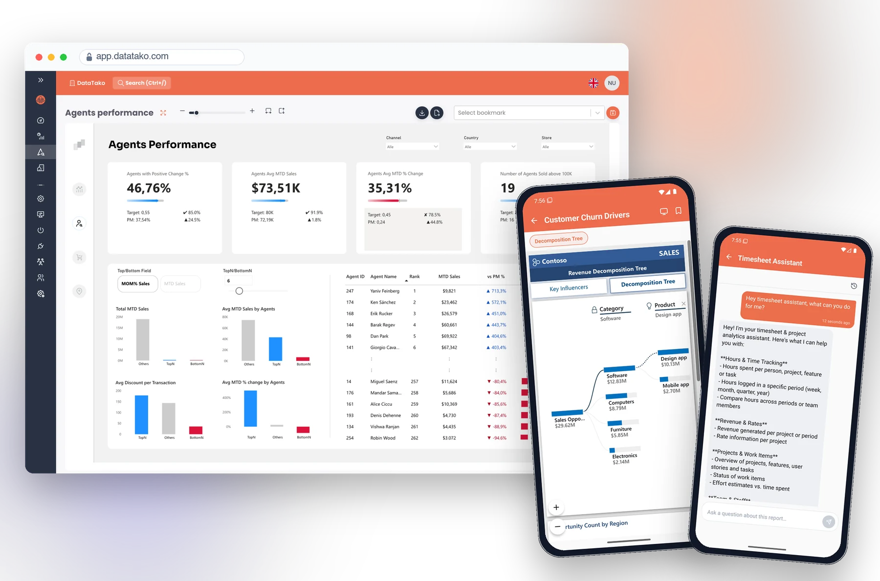 DataTako in the browser on desktop and in the native mobile app on two phones