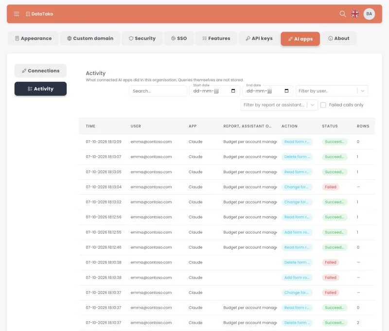 AI apps activity log in DataTako settings, filtered by user, app and report