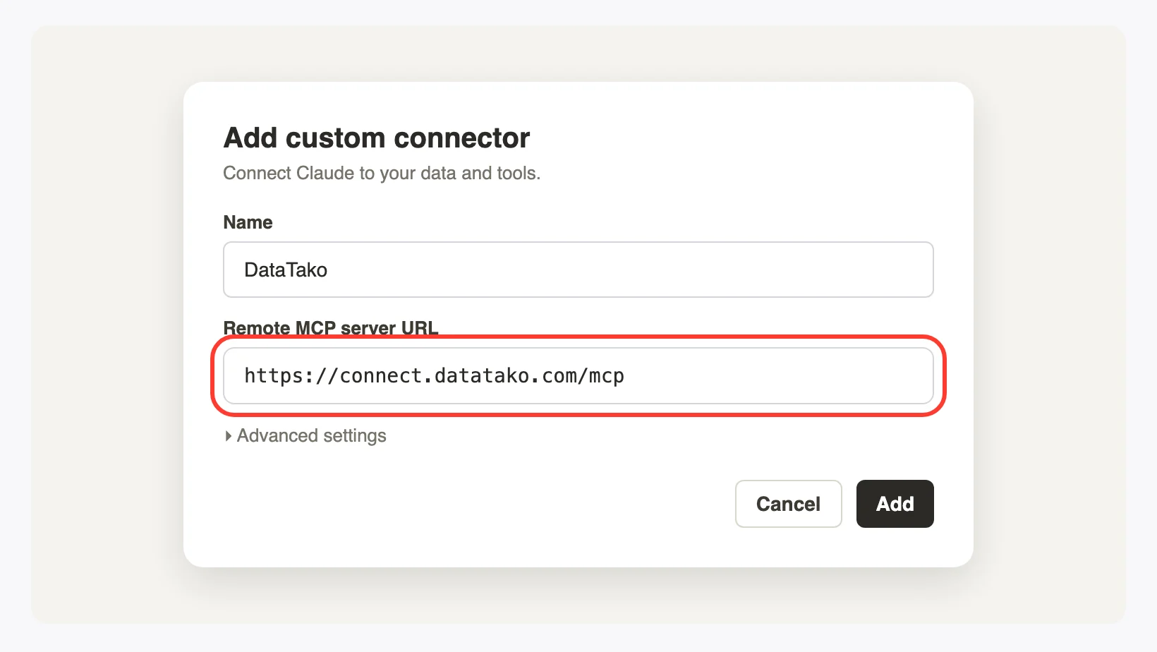 Adding DataTako as a custom connector in Claude with the connector URL connect.datatako.com/mcp
