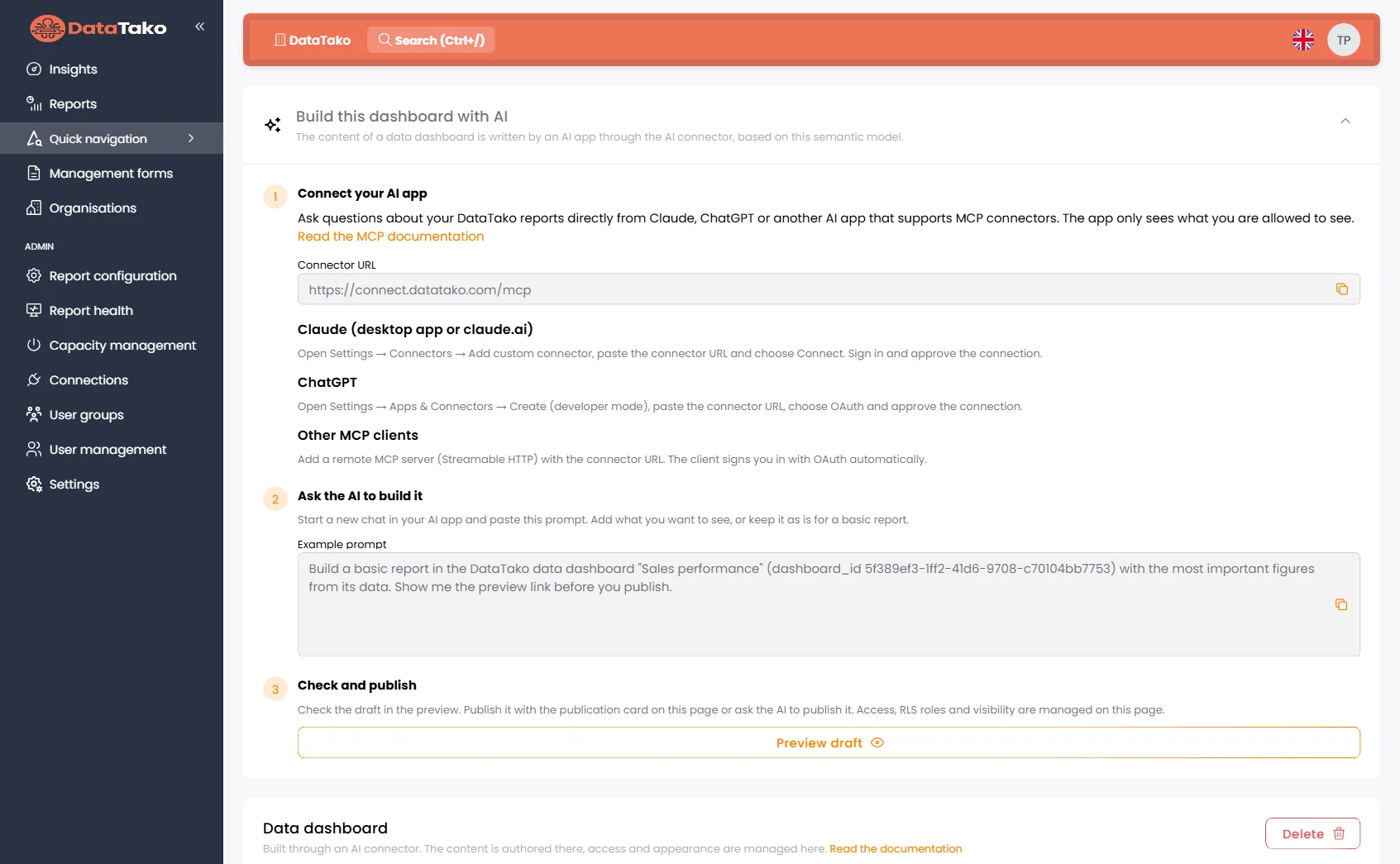 The Build this dashboard with AI card in DataTako with connector URL and example prompt