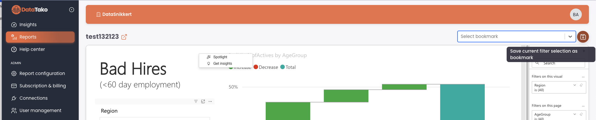 Bookmark Power BI filters in DataTako