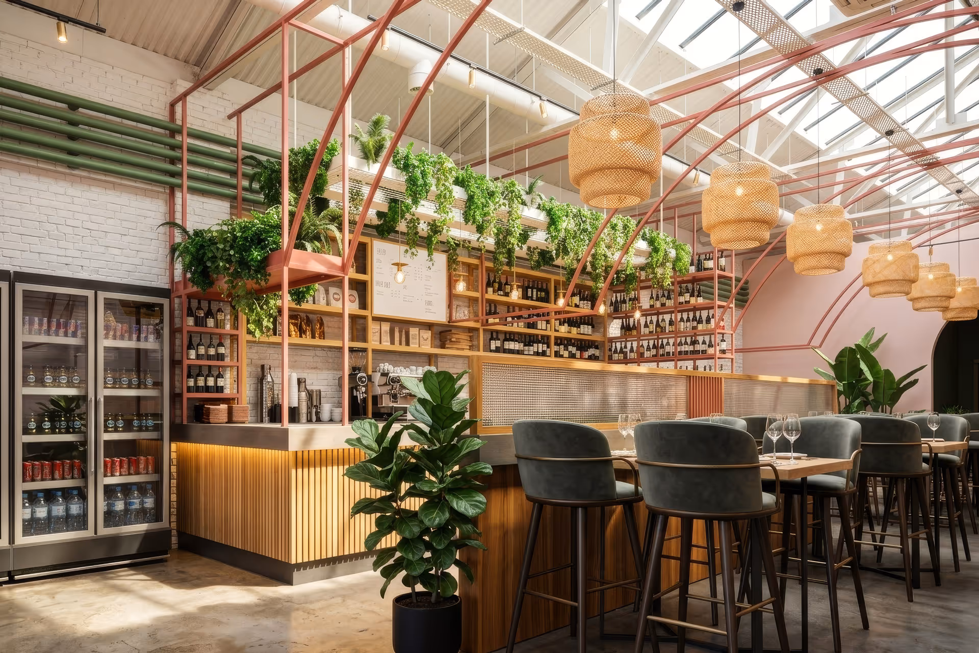 Modern cafe interior with wooden bar, green velvet stools, hanging wicker lamps, and lush green plants under a skylight ceiling.