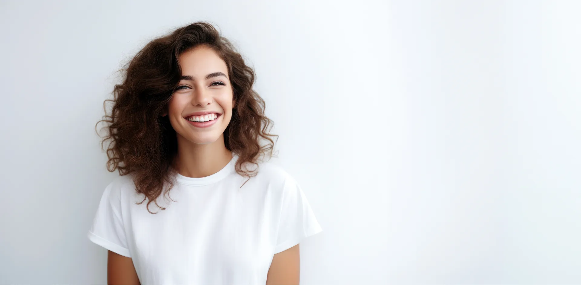 Smiling young woman with curly brown hair wearing a white T-shirt against a plain light background.