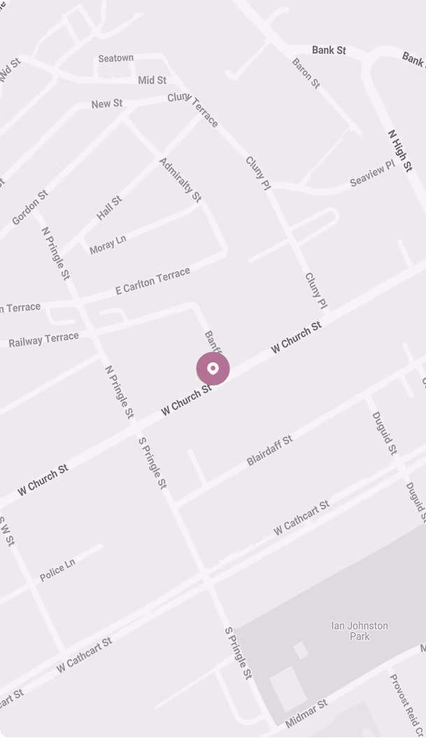 Map showing streets around W Church St with a location marker at Banff St intersection in Buckie, near Ian Johnston Park.