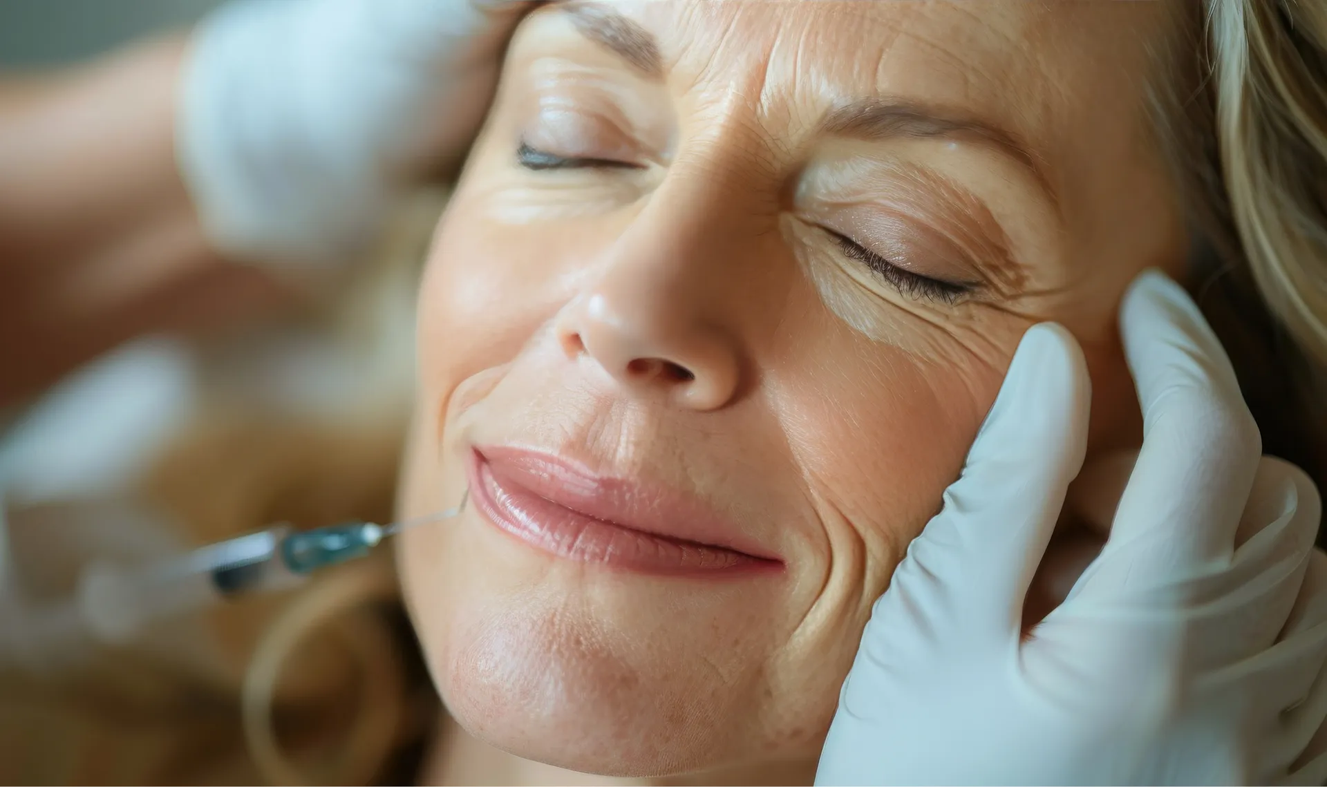 Close-up of a middle-aged woman receiving an anti-wrinkle injection near her lips from a gloved medical professional.