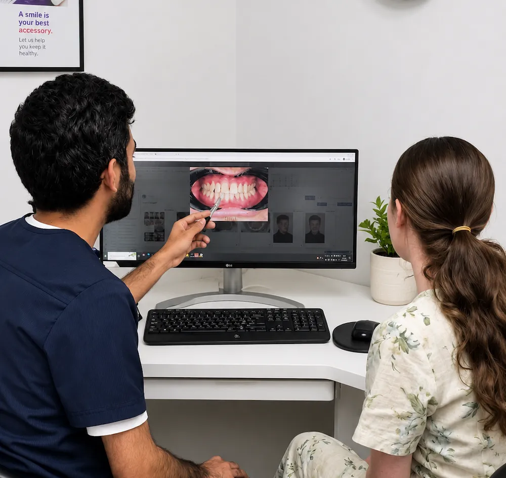 Dentist pointing at teeth image on computer screen while patient listens in consultation room.