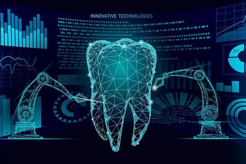 Digital wireframe tooth with robotic arms and data charts illustrating innovative dental technology.