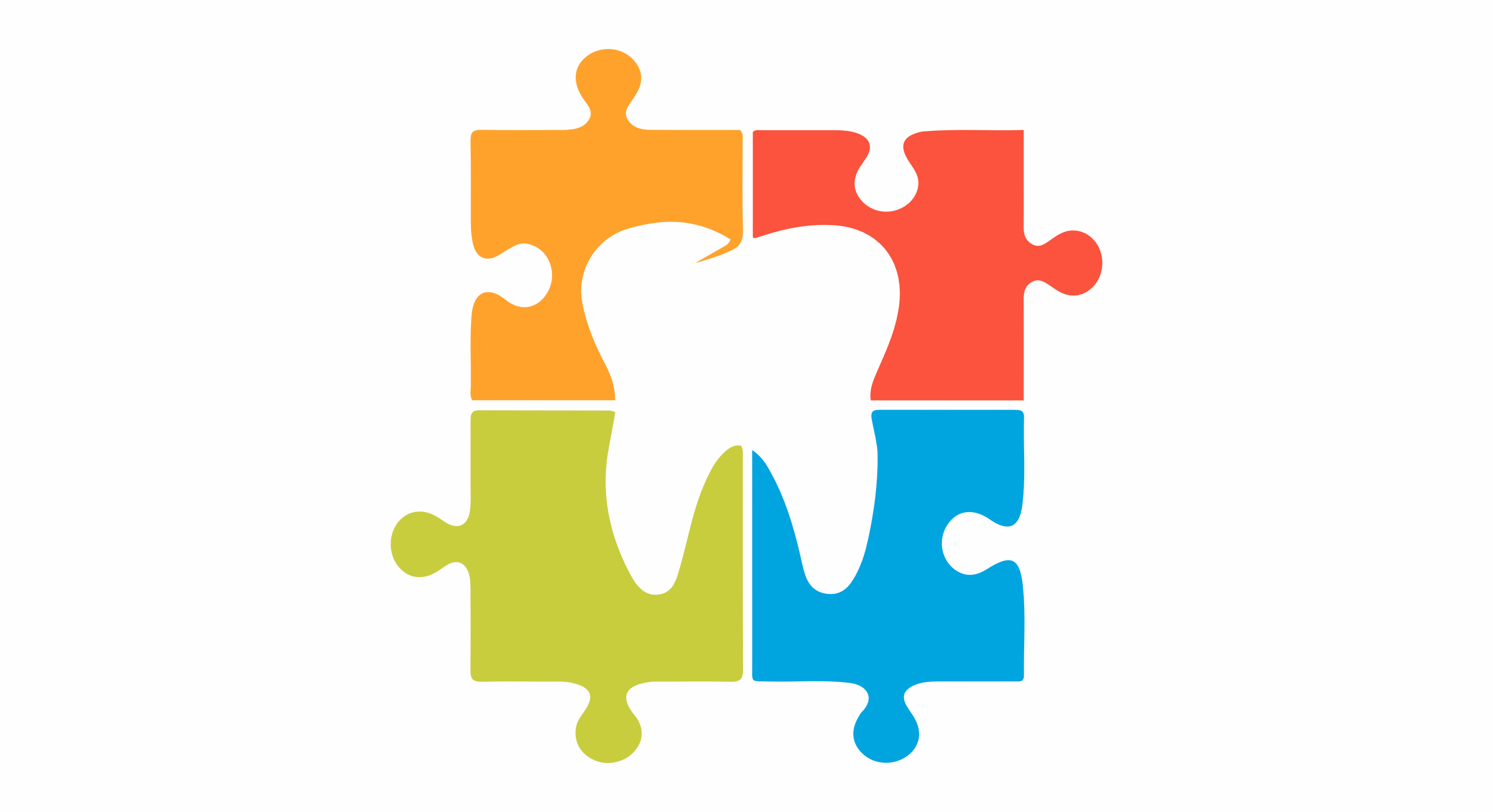 White tooth silhouette on colorful orange, red, green, and blue puzzle pieces background.