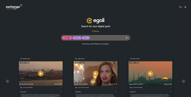 Digital search platform Egoli interface showing 3 items with video thumbnails and filters on a dark background.