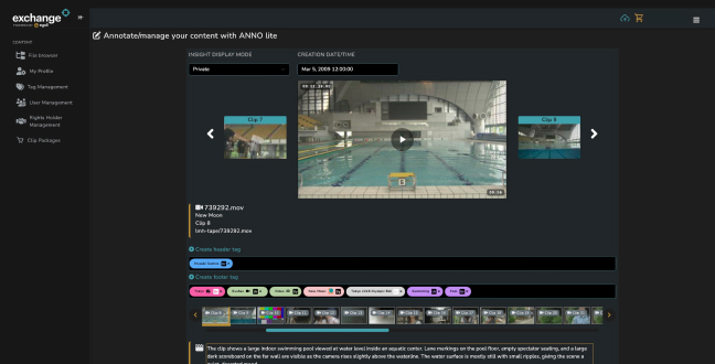 User interface of a video annotation tool showing an indoor swimming pool video with clips, tags, and a description.
