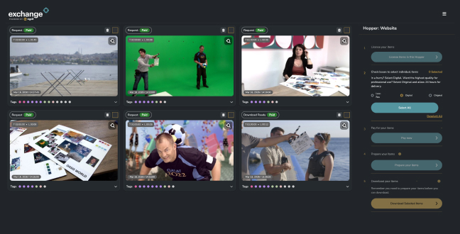 Screen capture of an exchange platform showing six video clips with thumbnails.