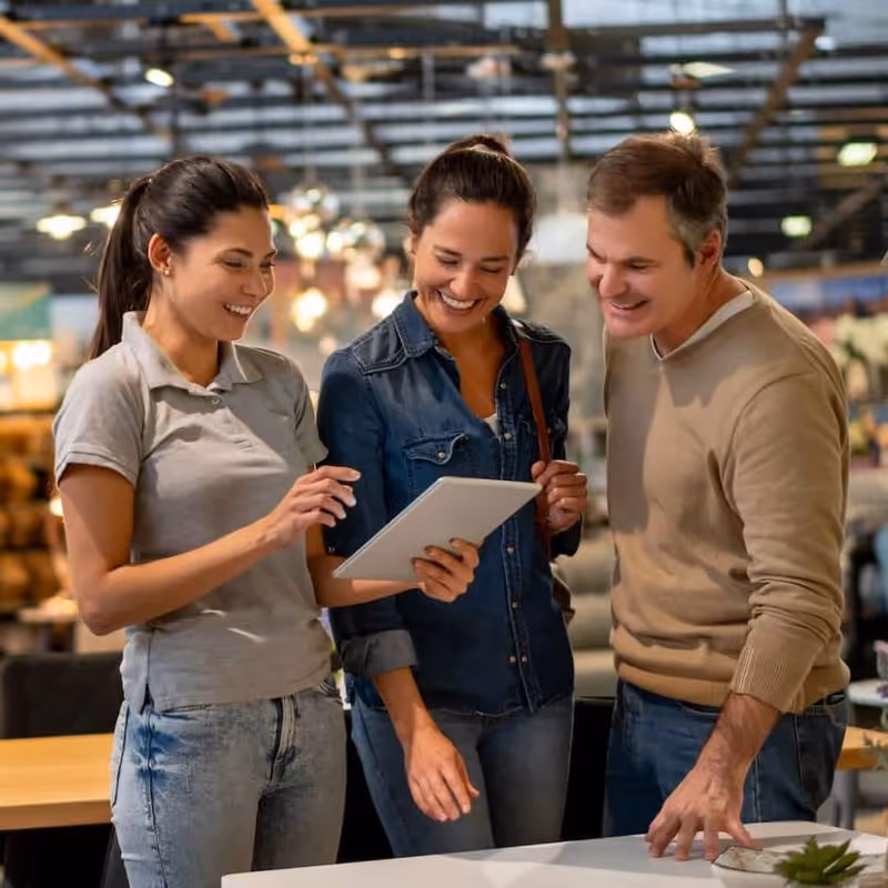 Three people smiling and looking at a tablet in a modern, well-lit workspace.