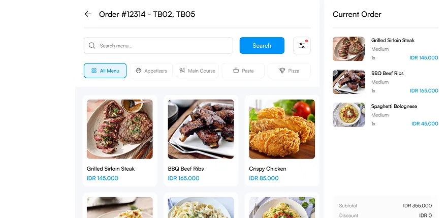 Online food order page showing grilled sirloin steak, BBQ beef ribs, and crispy chicken with prices in IDR.