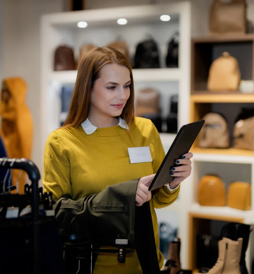 female retail employee looking at a tablet for information about inventor and price changes